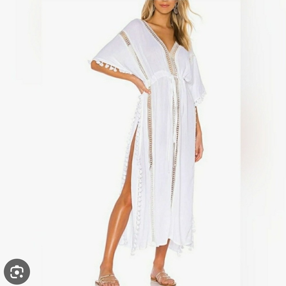 OLIA White Tassels Maxi Kaftan Cover Up‎ Beach Dress Size L Kimono Bohemian